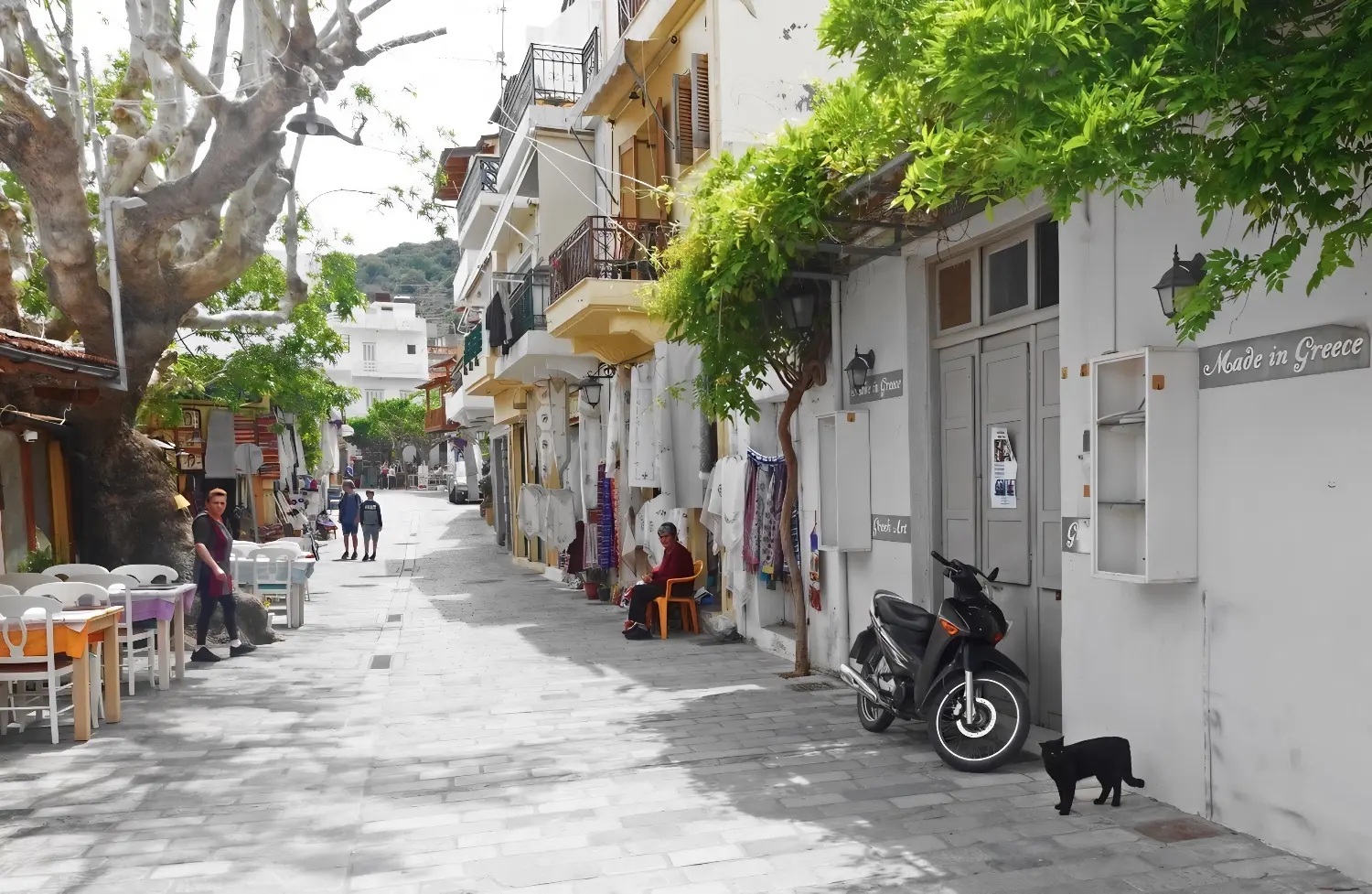 Een straatje in Kritsa met winkeltjes, terrasstoelen, groene begroeiing en een zwarte kat